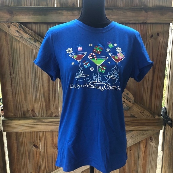 Blue Christmas Short Sleeve T-Shirt Martini Graphics, Get Your Holiday Cheer On - Picture 1 of 3